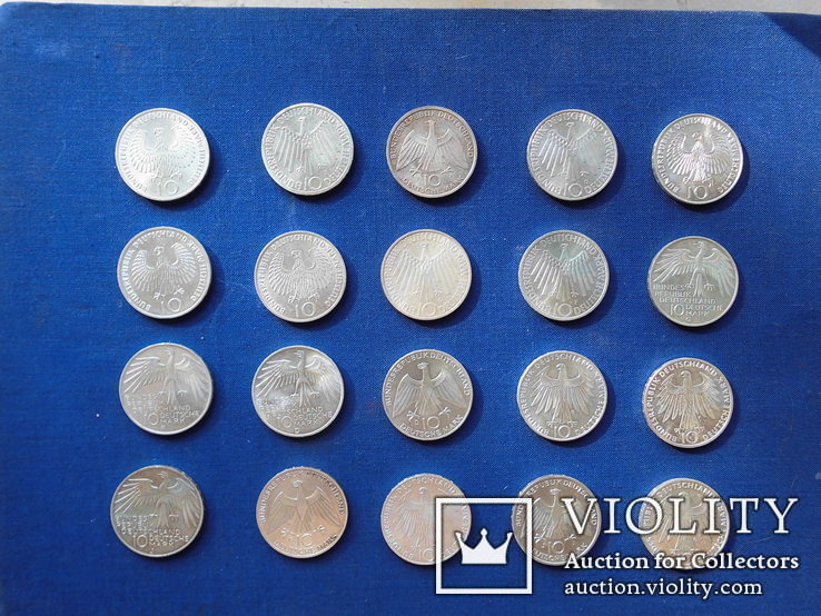 Полная коллекция памятных серебряных монет Олимпиада 1972 в Мюнхене. 10 Марок 20 шт, фото №6