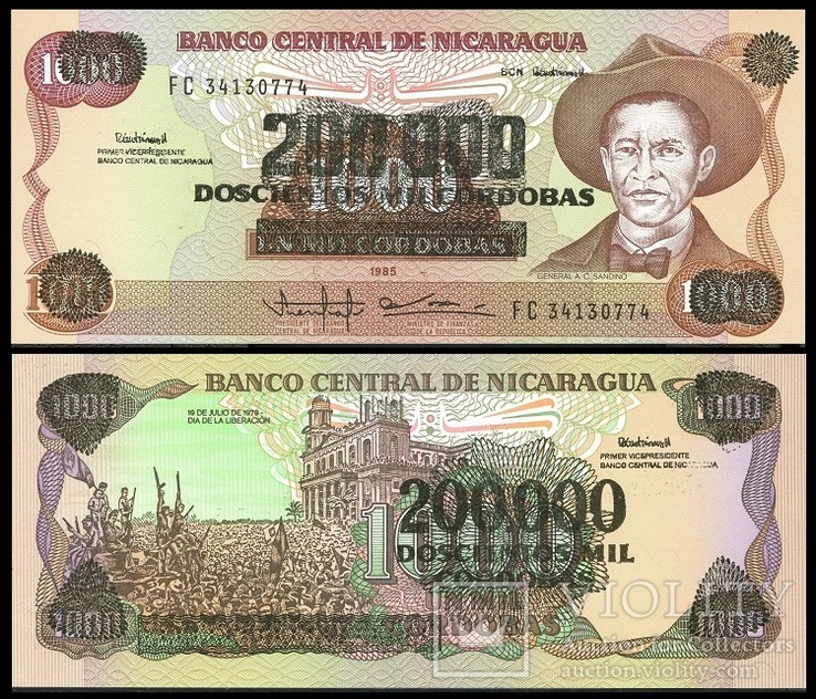 Nicaragua Никарагуа - 200000 on 1000 Cordobas 1985 / 1990 Pick 162 aUNC Overprint JavirNV