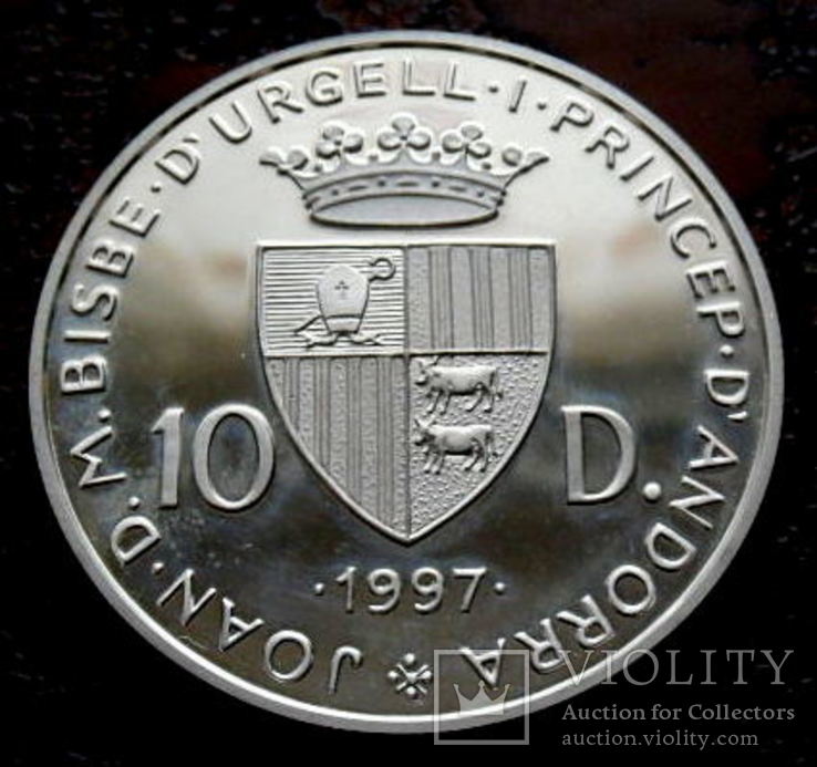 10 динаров Андорра 1998 состояние proof серебро, фото №3