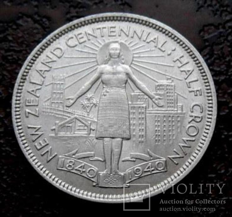 1/2 кроны Новая Зеландия 1940 юбилейная aUNC серебро, фото №2