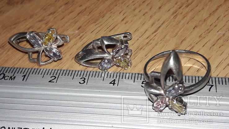 Серьги, кольцо, цветные камни, серебро, фото №4