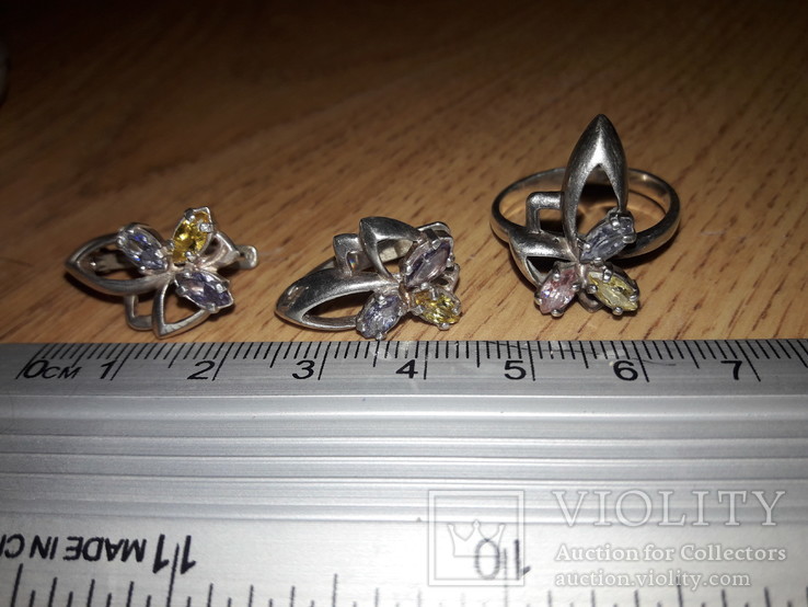 Серьги, кольцо, цветные камни, серебро, фото №7