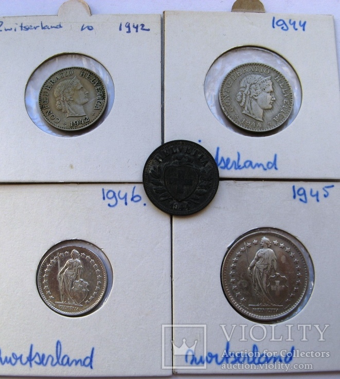 Швейцария. Набор х 5 шт. 2 раппана - 1 франк (1942 -1945)