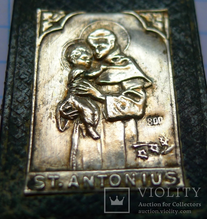 Католическая иконка в серебре 800 проба, кожа. St/ Antonius, фото №4