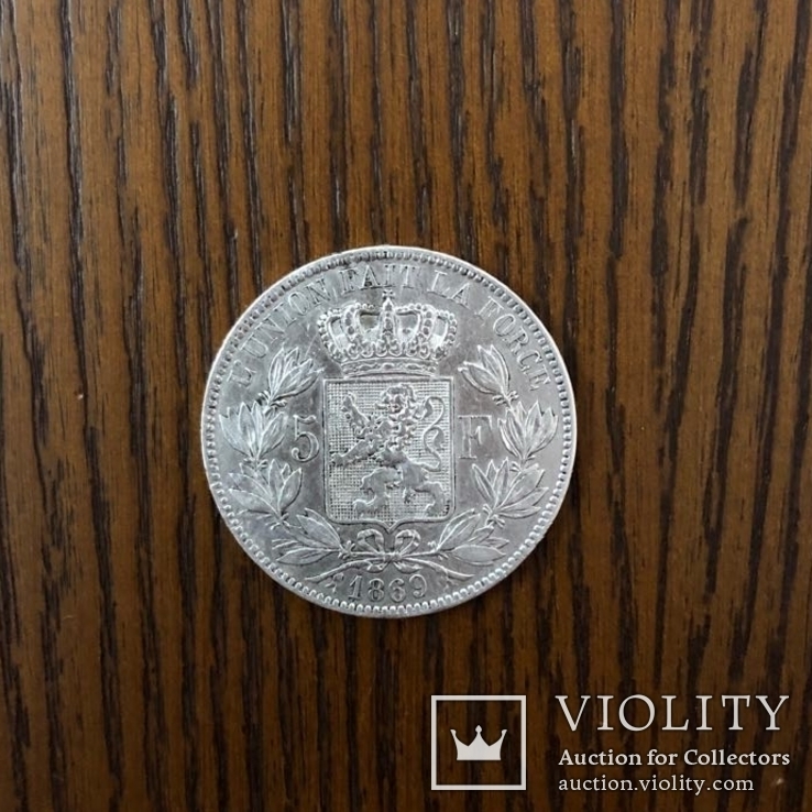 Бельгія 5 франків, 1869р. Срібло 900, фото №3