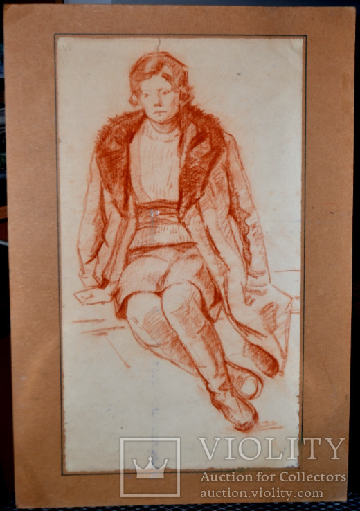 Картина бумага, карандаш (сангина) "Женщина" 1960-е годы (49х27)