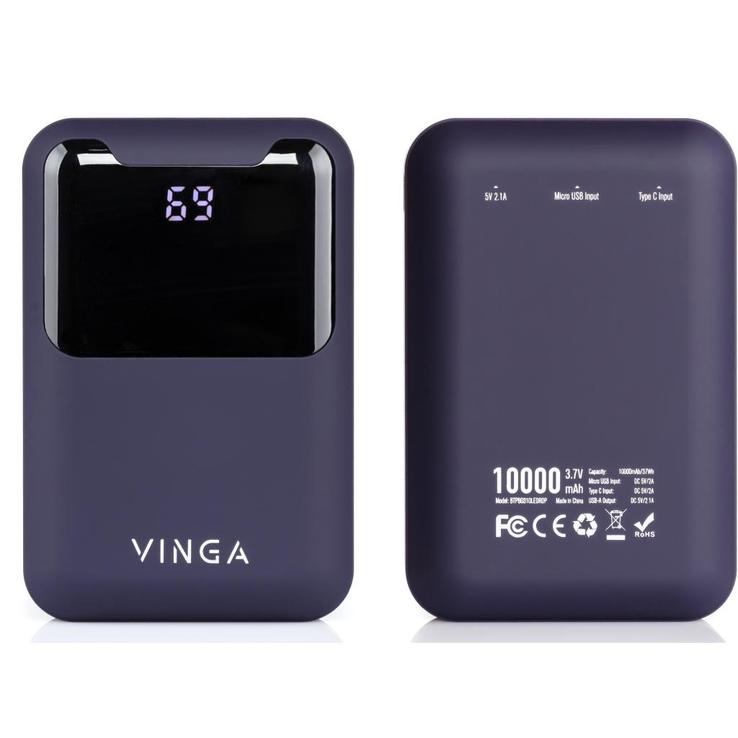 Батарея универсальная Vinga 10000 mAh Display soft touch purple (BTPB0310LEDROP), фото №5