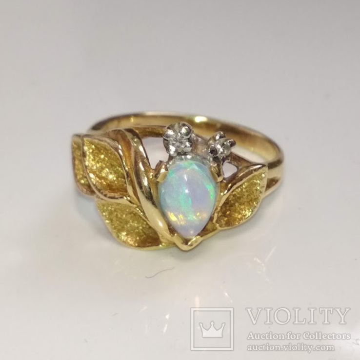 Винтажное золотое кольцо с натуральным опалом и бриллиантами, фото №4
