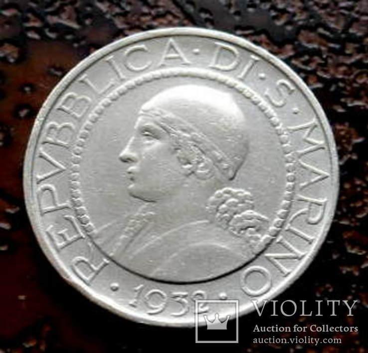 5 лир Сан Марино 1932 состояние aUNC серебро, фото №2