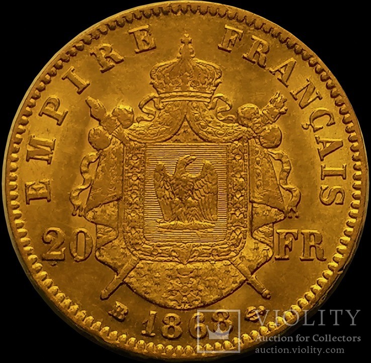 20 франків 1868 року,  Наполеон ІІІ, ВВ, UNC, фото №3
