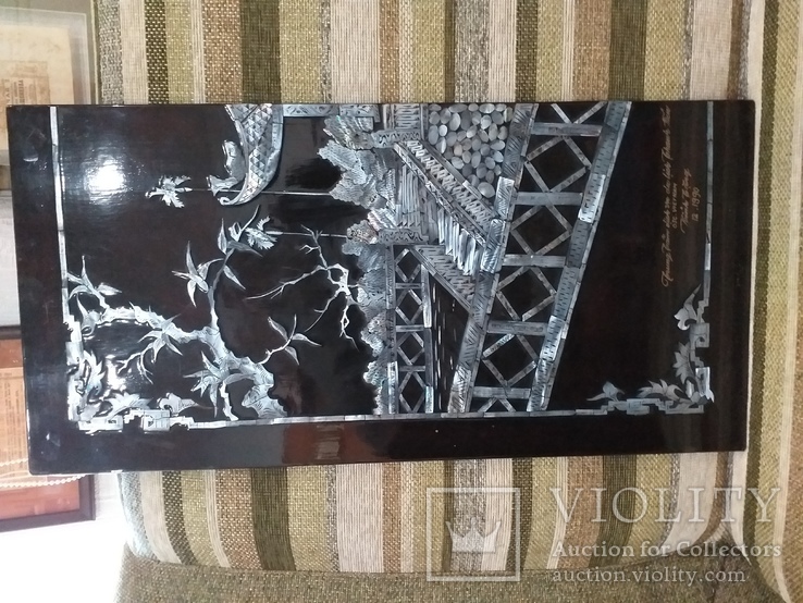 Настенная деревянная панель с рисунком из перламутра, черный лак. Вьетнам 1990., фото №3