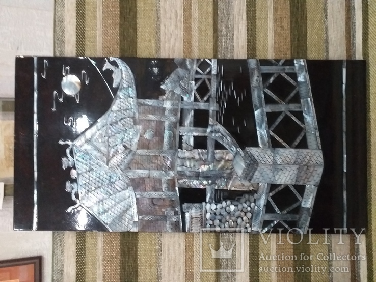 Настенная деревянная панель с рисунком из перламутра, черный лак. Вьетнам 1990., фото №4