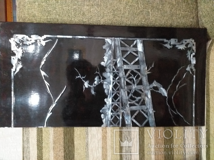 Настенная деревянная панель с рисунком из перламутра, черный лак. Вьетнам 1990., фото №6
