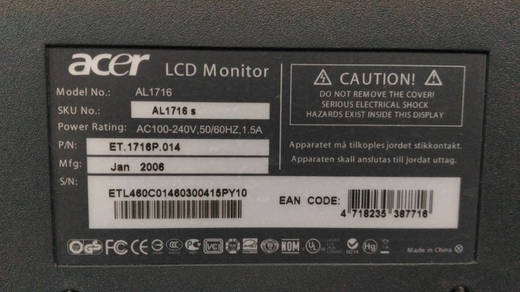 Монитор 17" Acer AL1716s  В комплекте кабеля питания и VGA., фото №10