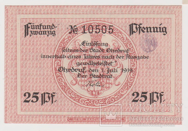 25 пфеннингов,Германия,Ohrdruf,1 июля 1919 год, фото №3