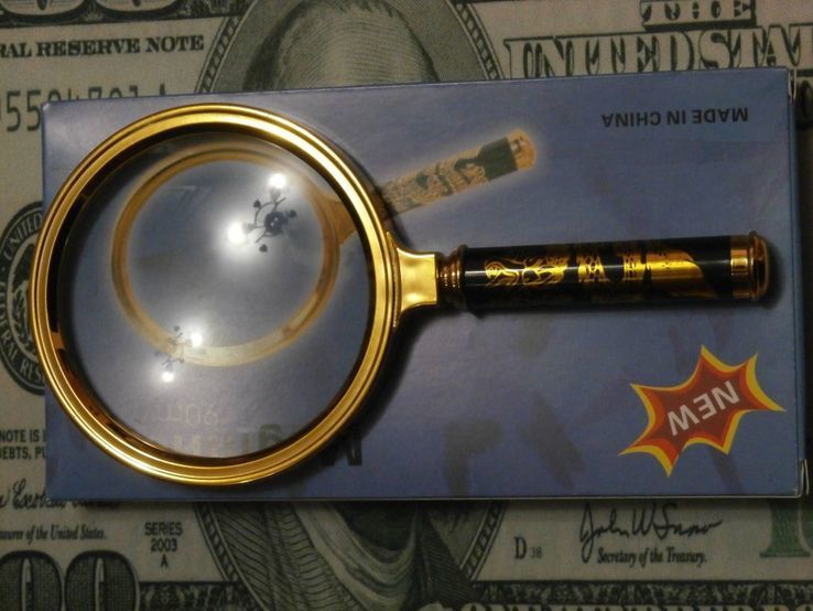 Лупа просмотровая металлический корпус увеличение 6х,диаметр 90мм ручка золотой дракон, фото №2