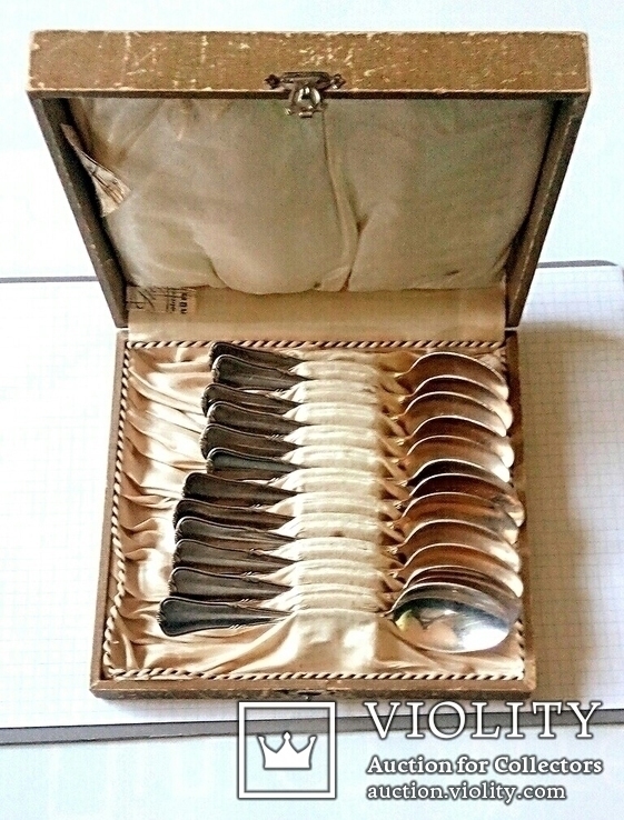 Старинный немецкий столовый набор посеребрённых чайных и кофейных ложечек «Patent»., фото №3