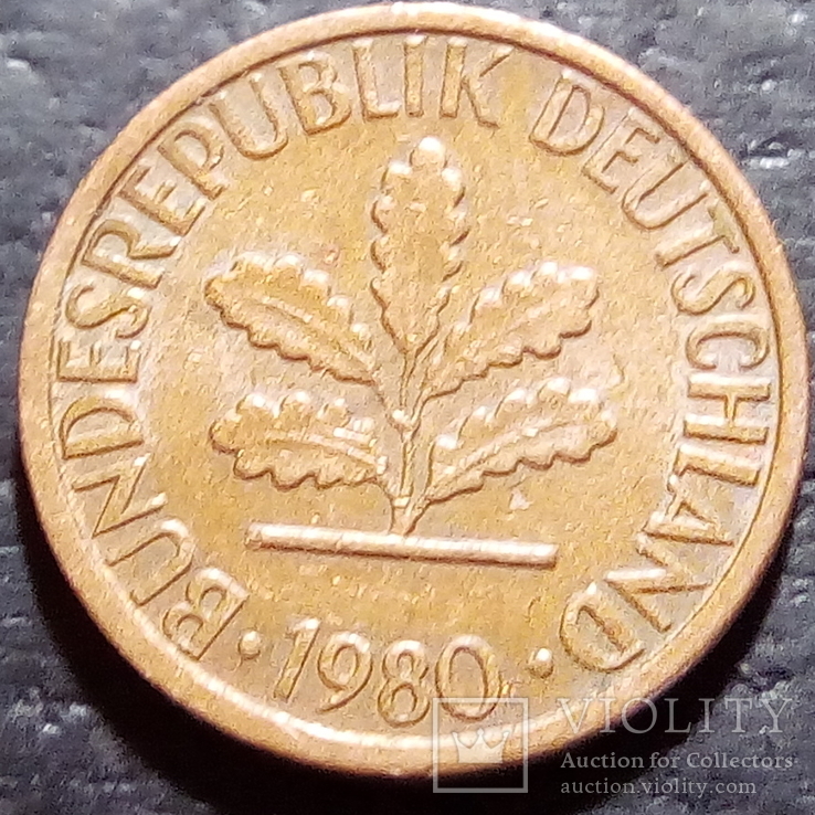 Германия 1 пфенниг 1980 год Метка монетного двора (F) Штутгарт  (504), фото №3