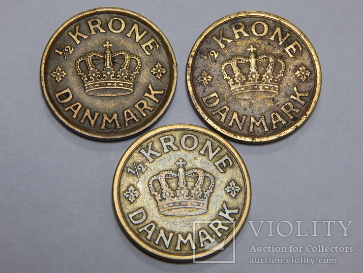 3 монеты по 1/2 кроне, Дания, 1924/25 г.г.