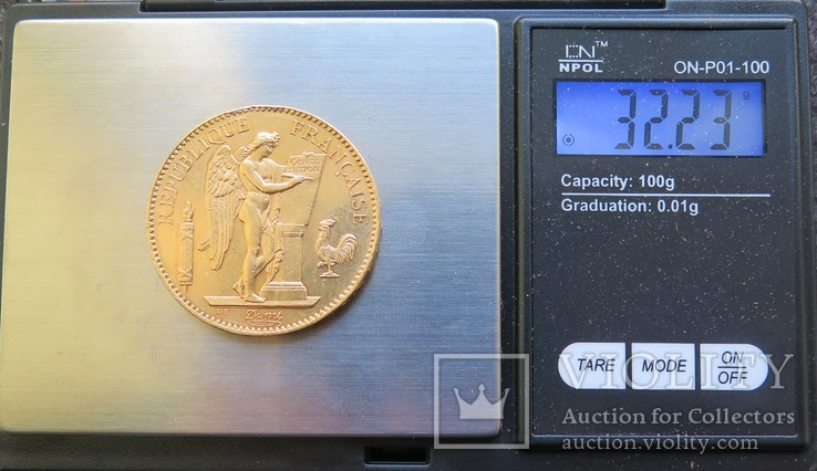 100 франков 1909 года Ангел Франция золото 32,23 гр. 900', фото №5