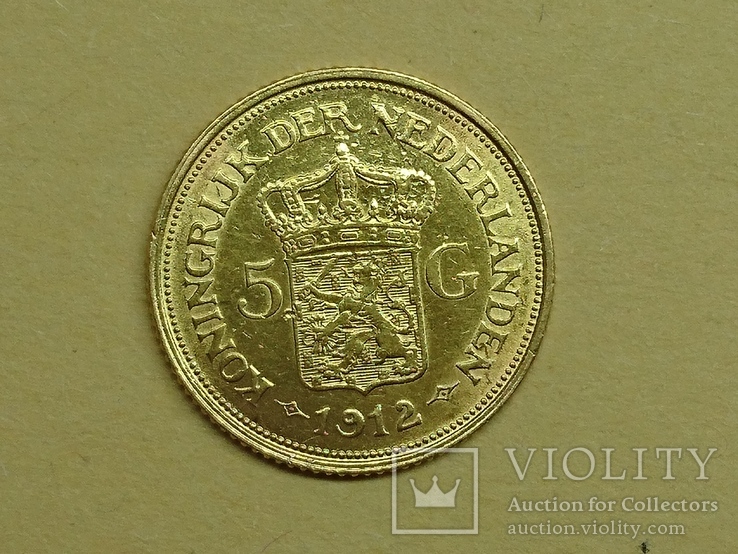 Золотая монета 5 гульденов 1912., фото №3