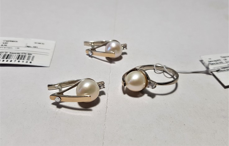 Комплект Серебряные серьги и кольцо с золотыми вставками, фото №2