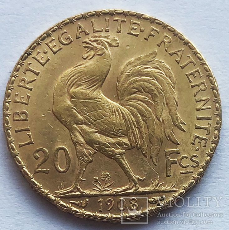 20 франков 1908 года. Франция. AU., фото №2