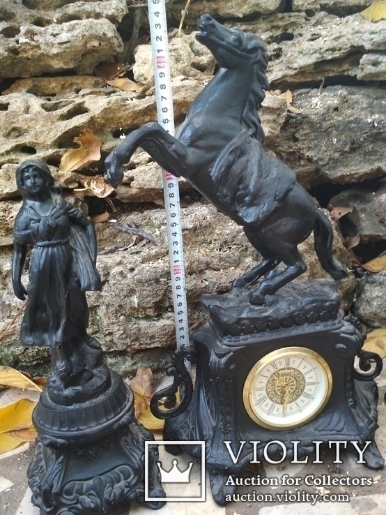 Часы каминные Лошадь и две статуи Mercedes механика шпиатр, фото №11