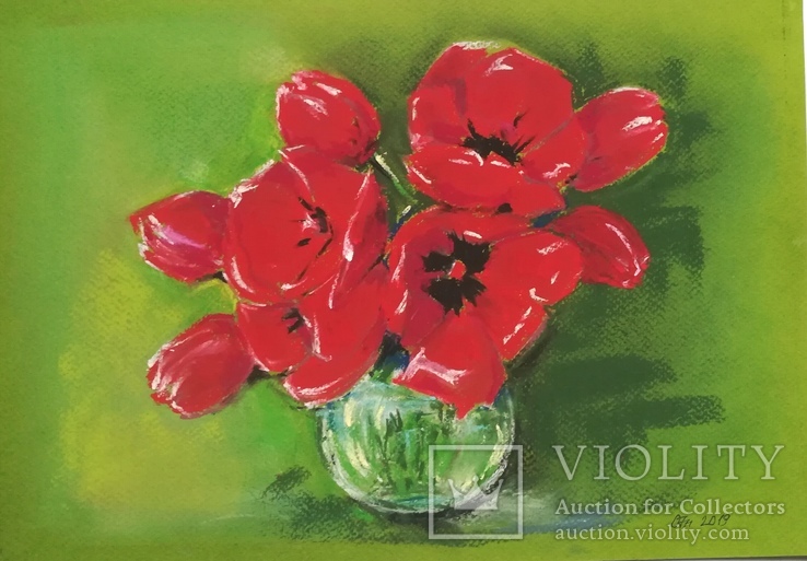 Цвет тюльпанов алый, сухая пастель, 22х32, фото №2