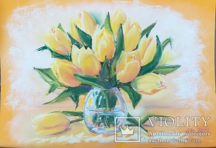 Желтые тюльпаны, букет для хорошего настроения, пастель, 22х32, фото №3
