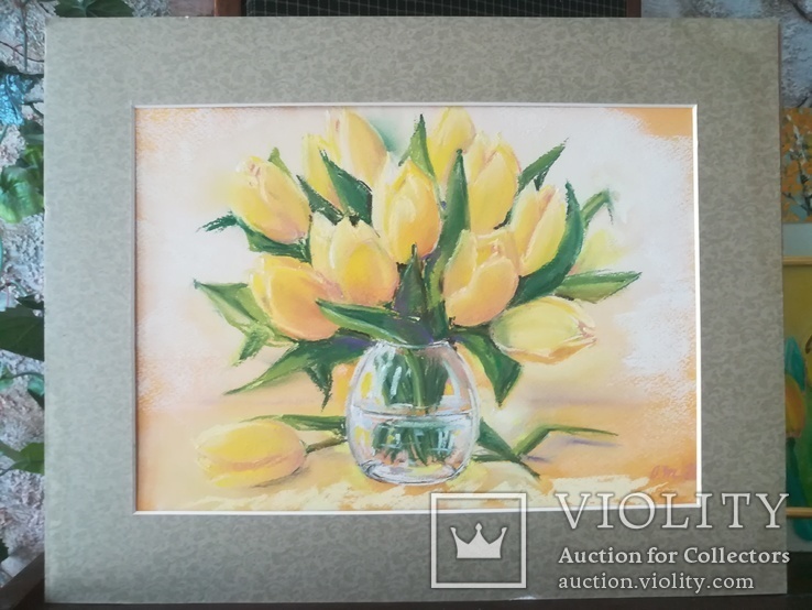 Желтые тюльпаны, букет для хорошего настроения, пастель, 22х32, фото №4
