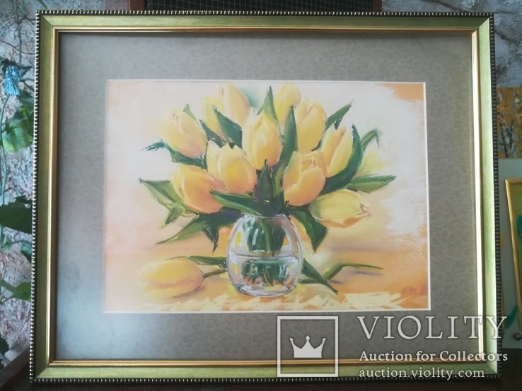 Желтые тюльпаны, букет для хорошего настроения, пастель, 22х32, фото №5