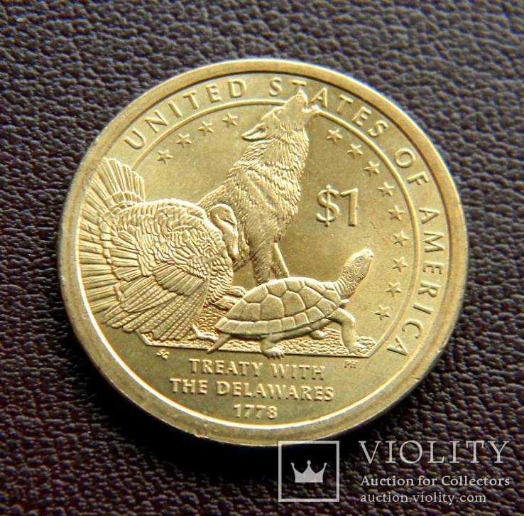 США 1 доллар 2013, Сакагавея Договор с делаварами (зоопарк), фото №2