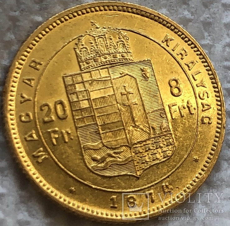 20 франков 8 форинтов 1874 год Австрия золото 6,45 грамм 900’, фото №7