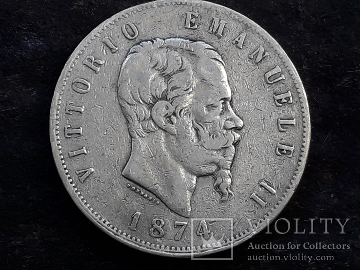 5 лир, Италия, 1874 год, М, серебро 900-й пробы 25 грамм