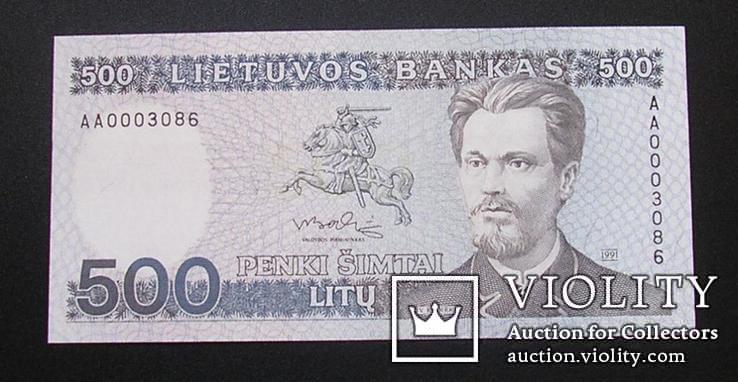 Литва 500 лит 1991 UNC низький номер, фото №2