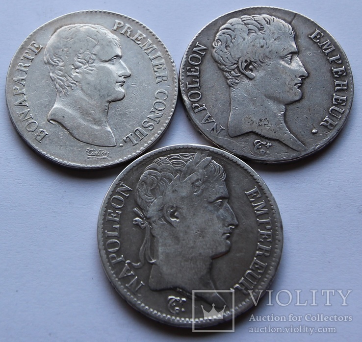 Лот 5 франков Наполеон I (все 3 типа - Премьер, Император, Венок)