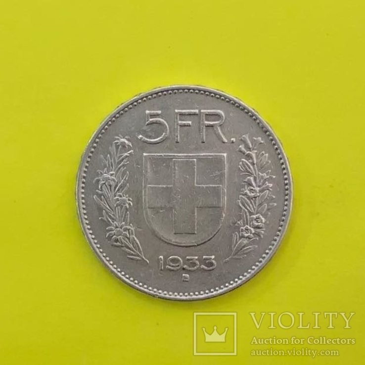 Швейцарія 5 франків, 1933р. Срібло., фото №3