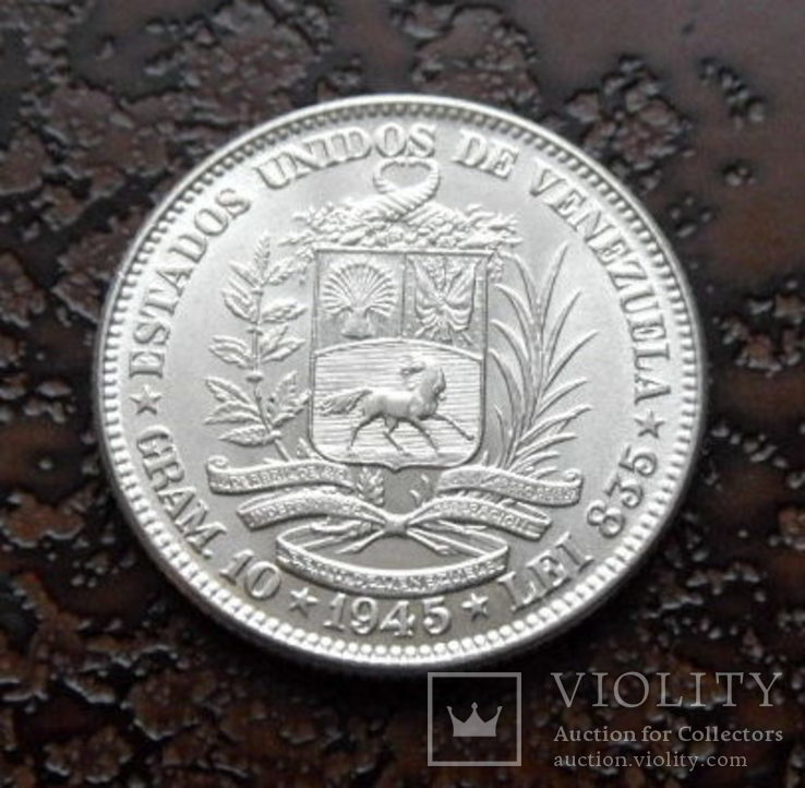 2 боливара Венесуэла 1945 состояние UNC серебро, фото №3