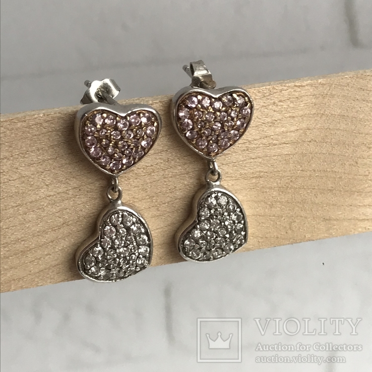 Серебряные серьги с камнями «Сердце», фото №3