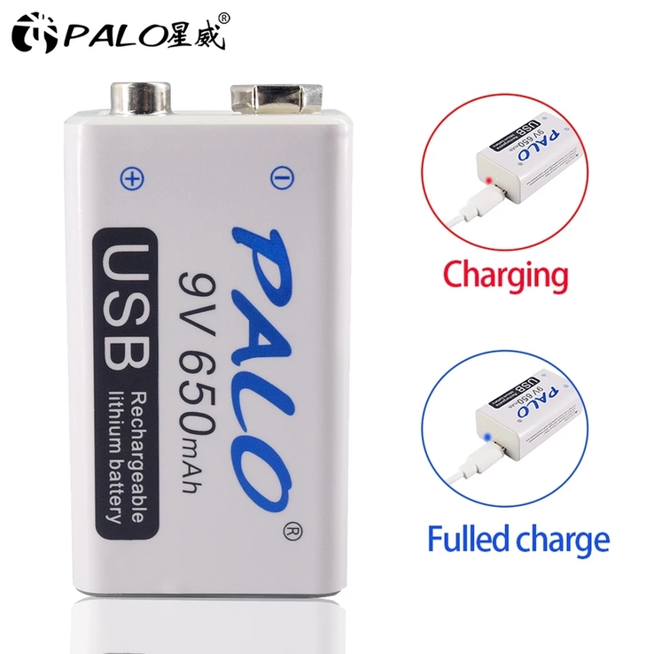 Аккумуляторна Крона PALO 9V 650mAh Li-Ion. Зарядка через micro USB.