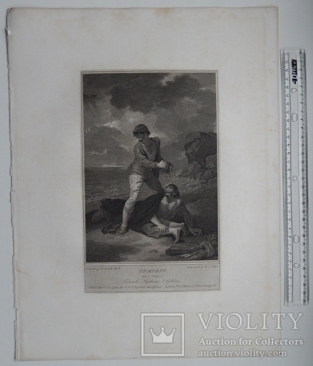 Старинная гравюра. Шекспир. "Буря", акт II. 1803 год. (42 на 32 см.). Оригинал., фото №6