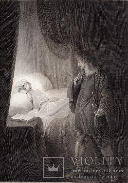 Старинная гравюра. Шекспир. "Цимбелин", акт II. 1803 год. (42 на 32 см.). Оригинал., фото №2