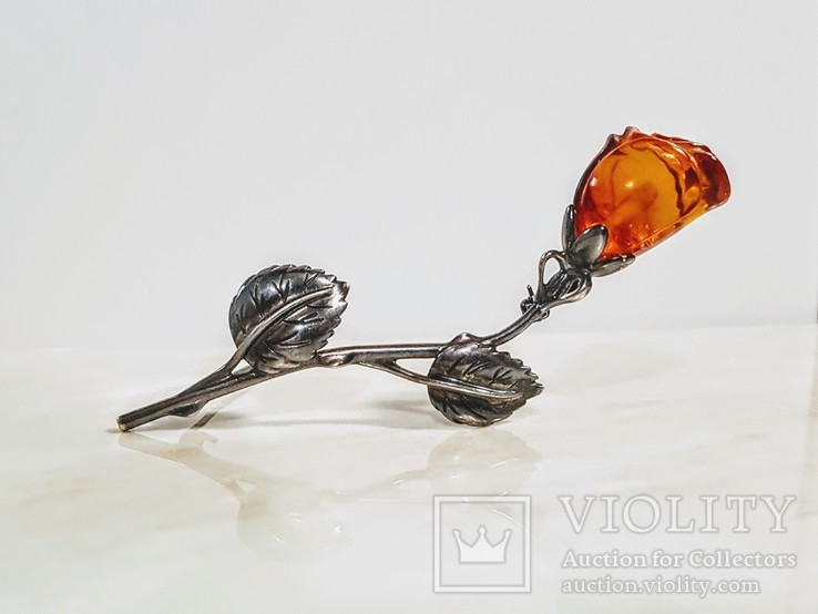 Винтажная серебряная брошь янтарная роза, фото №3