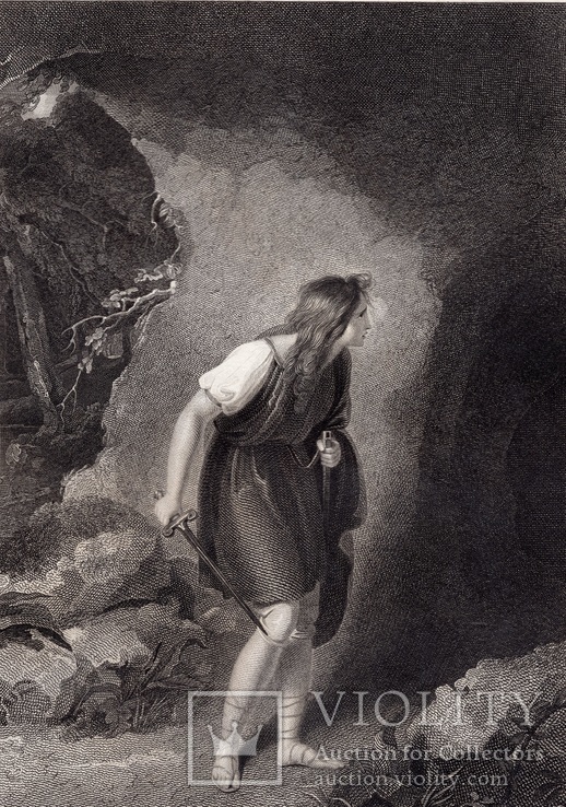 Старинная гравюра. Шекспир. "Цимбелин", акт III. 1803 год. (42 на 32 см.). Оригинал., фото №2