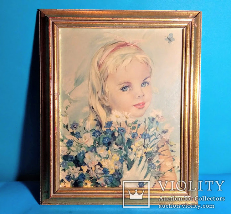  Картина в золотистой раме 26х21 см Девочка с цветами винтаж. Репродукция.