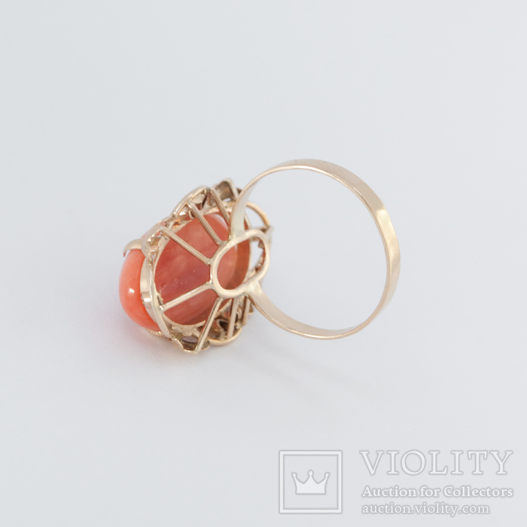 Золотое кольцо с натуральным розовым кораллом, фото №4