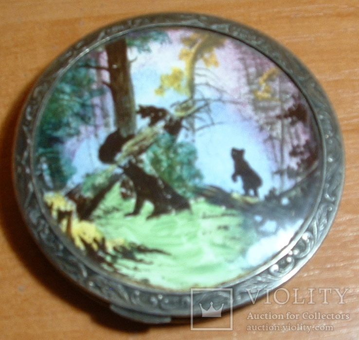 Пудреница с зеркалом, серебро , "Утро в сосновом лесу", фото №2