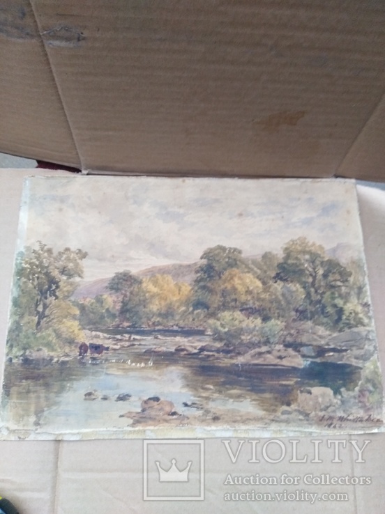 Картина Речной пейзаж подпись мастера 1862 год, фото №9
