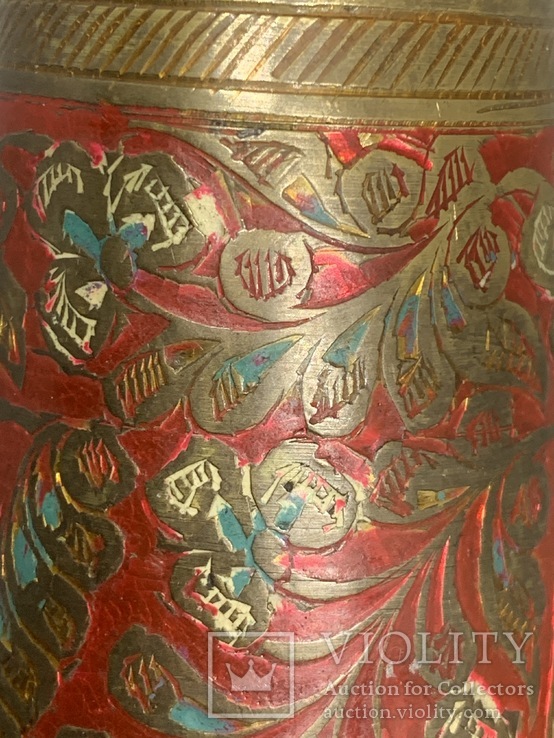 Старинный англо-индийский гравированный латунный стакан Эмали, фото №9